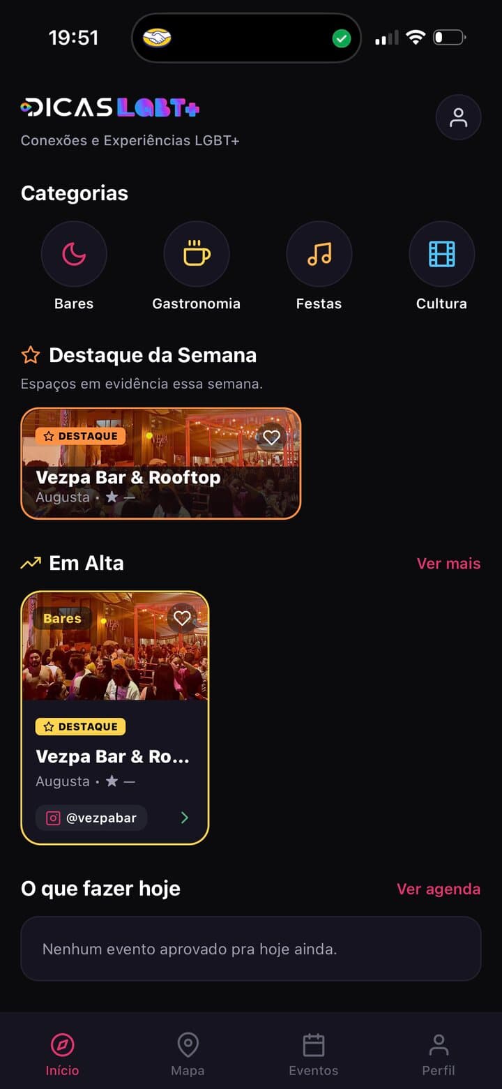 Tela inicial do app Dicas LGBT+ com categorias e lugares em destaque