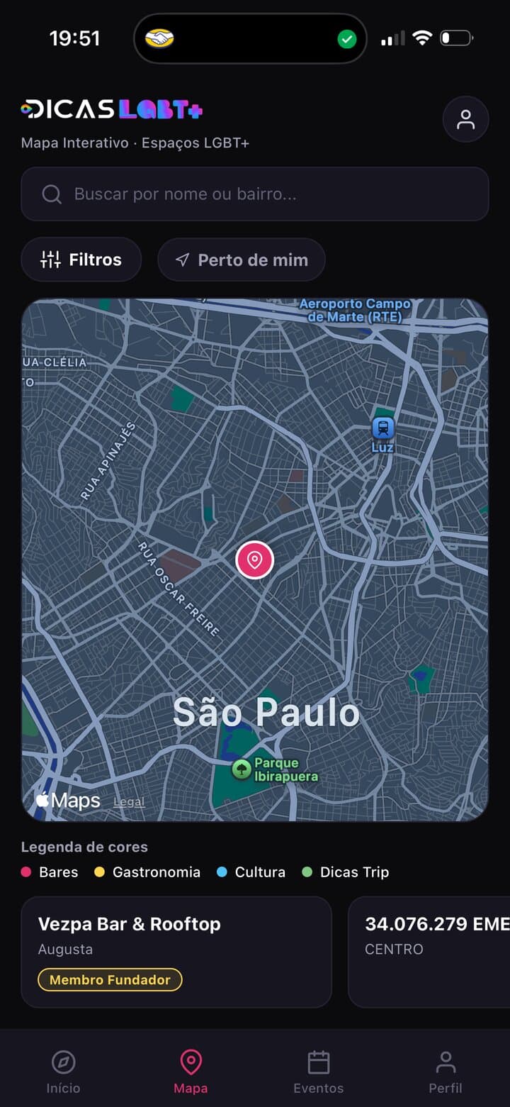 Mapa do app Dicas LGBT+ com lugares por categoria